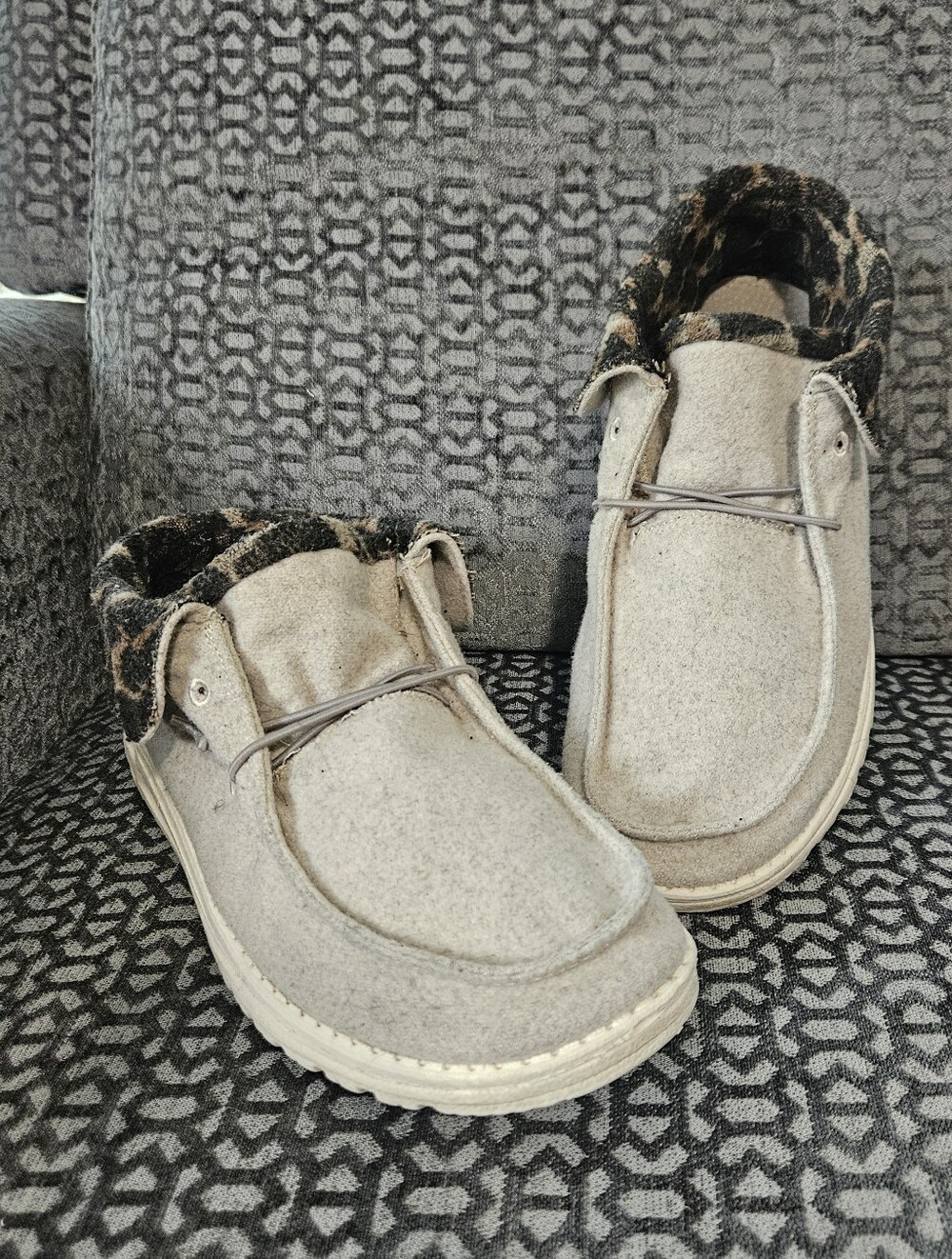 Hey Dude Mens Beige Casual Slip-On Shoes with Leopard Trim